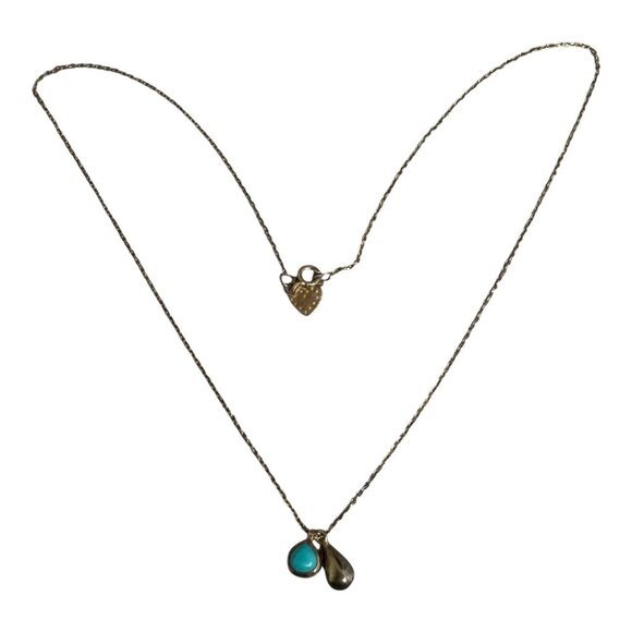 Sterling Silver Necklace Gold Vermeil Turquoise & Gold Drops Petite Vintage - Picture 3 of 9